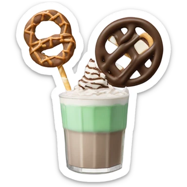 andes mint chocolate chip milkshake topped with a toasted marshmallow, chocolate covered pretzel, chocolate s’more, and a s’mores cookie sticker