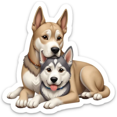 tan Great Dane cuddling a husky, realistic  sticker