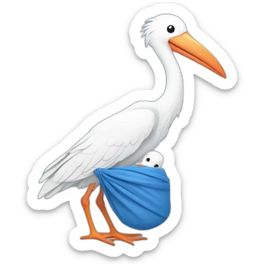 White stork carrying a blue bundle of cloth in its big beak that has a human person cute baby human inside and the human baby head is peeking from the fabric the strok is carrying in its beak sticker