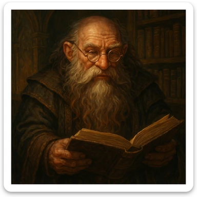 a wise dwarf with glasses and a book in a fantasy theme sticker