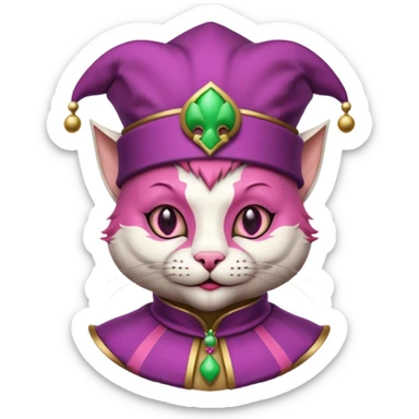 court jester cat medieval, single poker card joker clearly visible, pink, face only, round badge,  court jester cap sticker