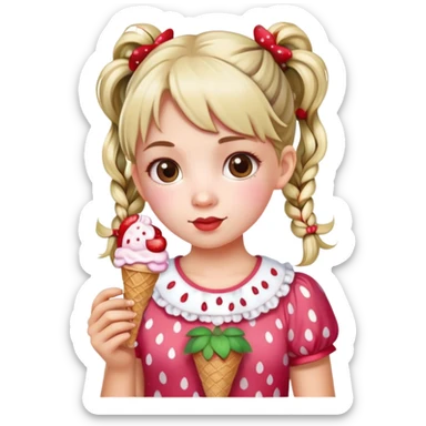 A cute girl with pigtails, wearing a strawberry-patterned top, holding an ice cream. sticker