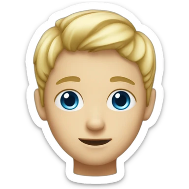 a blond boy with blue eyes who has a big head sticker