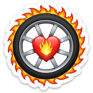 the car wheel is on fire, and in the center of the wheel there is a red fiery heart, high quality sticker