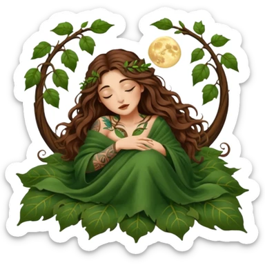 sleepy moon druid woman long wavy brown hair tattoos in leaf blanket sticker