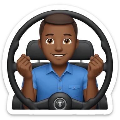 ["Black male driver, wearing a blue shirt, hands on steering wheel."] sticker