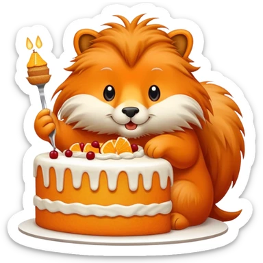 a big kind orange coloured animal with very long fur eats a huge piece of cake sticker
