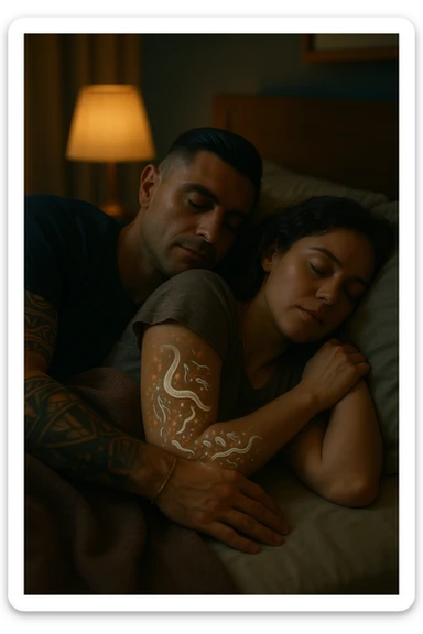 A hyper-realistic, cinematic image of a man and a woman sleeping together in the same bed under soft, dim night lighting, with their bodies close and touching. Their skin appears slightly illuminated where it touches, and under a subtle x-ray style overlay, faint ghostly silhouettes of microscopic parasites and worm-like organisms are visible crawling transdermally between their bodies, symbolizing silent, unnoticed parasite transmission during sleep. The environment is a cozy bedroom with warm tones, but the presence of the glowing parasites creates a slightly unsettling feeling, emphasizing the hidden danger. Their faces are calm, unaware, symbolizing the unconscious nature of the transmission. The image is detailed with a 35mm film hyperrealistic aesthetic, focusing sharply on the point of contact between their skin where the parasites pass, while the background remains softly blurred. The color palette uses muted warm browns and soft moonlight blues to maintain a nighttime, intimate feeling, contrasting with the translucent, glowing parasites to illustrate the hidden risk of transdermal parasite transmission while sharing a bed sticker