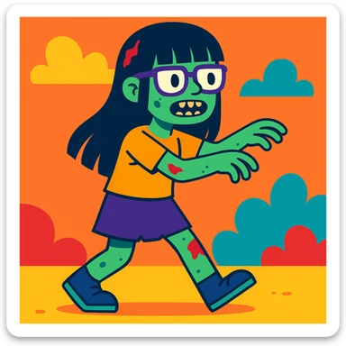 zombie girl with long black hair, bangs, and glasses, colorful cartoon style sticker