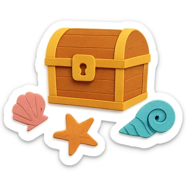 closed treasure chest with a lock, surrounded by seashells and starfish in paper-craft style sticker
