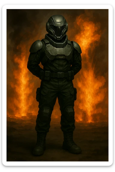Add a sci-fi helmet to the man, keeping the dark green military fatigues and warzone background with explosions and flames. The style should maintain a realistic and intense warzone atmosphere with detailed explosions and flames in the background. sticker