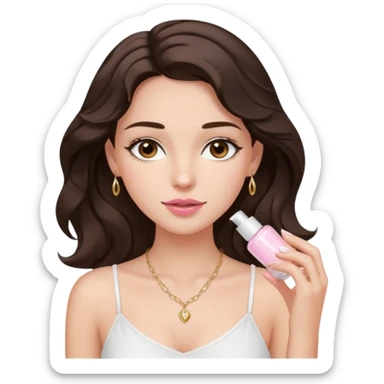generate a pretty fair bratz girl with dark brown eyes. Dark brown hair wavy hair. light pink lipgloss. white cami top. doing skincare. Dainty gold necklace sticker