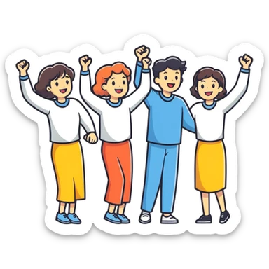 three women and three men, a group of people cheering for Ben sticker