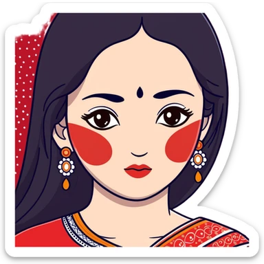 White girl with long oval shaped face, large almond shaped eyes with long eyelashes, long straight black hair falling in front of her bare shoulders, face closeup, with intricate patterned red and white gopi dots in a decorative design above eyebrows sticker