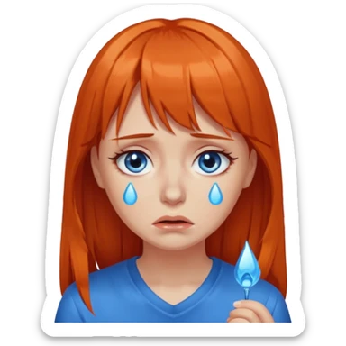 A woman with dark orange hair and bangs, blue eyes, an asmr streamer, crying, sticker