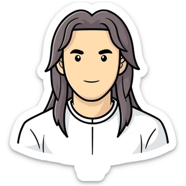 Genera a un hombre moreno de cara redonda y pelo largo con un mechon blanco sticker