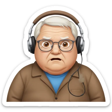 Very chubby brown old man with medium white hair, wearing glasses and headphones, looking surprised and angry, no facial hair, round full cheeks, double chin, looking to the upper left corner sticker