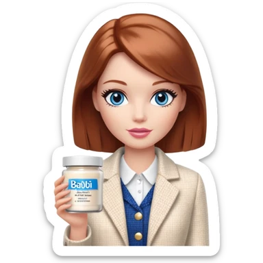 A Barbie girl with blue eyes, shoulder-length reddish-brown hair with makeup, wearing a white tweed jacket and a black skirt, holds pale beige body moisturizer cream pot sticker