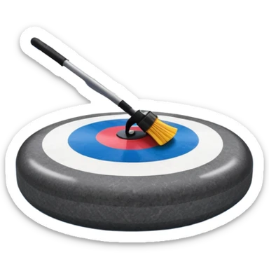 An icon featuring a curling stone in the foreground on an ice sheet with marked target circles. A curling broom rests nearby. In the background, a grand indoor stadium with bright lights and cheering fans. The ice reflects the vibrant colors of the surroundings. Transparent background. sticker