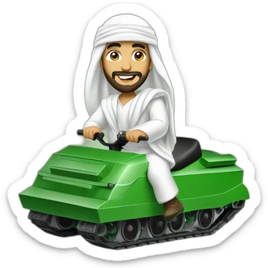 prince from Saudi Arabia with a beard in a white  shemagh national headdress riding  on a green tank, smiling sticker