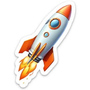 Space rocket, three-dimensional, in a cartoon style, on a white background, bright colors, with a perspective composition, high saturation, prominent details, floating effect, lively atmosphere sticker