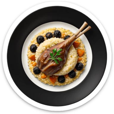 Lamb Shanks with Risotto Nero on a black plate, top view sticker