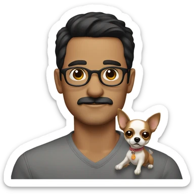 dark hair dark eye man with short mustache wearing glasses holding chihuahua sticker