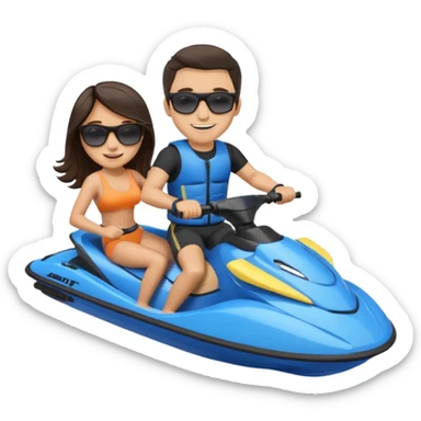 Light tan male dark hair & light tan female dark hair on a blue jet ski sticker