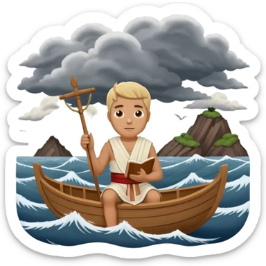 Mans op heuvel aan hetschrijven, terwijl overkant meer varen in midden van storm
In tijd van romein!
EN graag boot in romein tijd, kleine houten boot met 8 personen 
Varen meer, terwijl grote storm en golven sticker