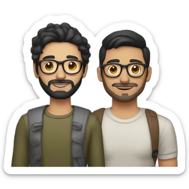 Gay couple of a 32 years old Colombian man with beard and, black hair and brown holding hand with a Vietnamese man, 21 years old, NO BEARD, with old style glasses sticker