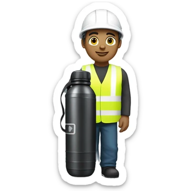 A standing engineer wearing white helmet and holding a black water bottle sticker