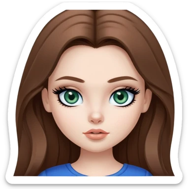 pretty bratz girl, long brown hair, dark green eyes, black eyeliner, pale skin, blue style sticker