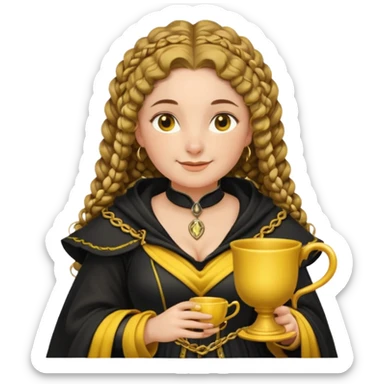 Helga Hufflepuff, 2 curly thick brown braids, yellow-black medieval dress, black cloak decorated with gold braiding, tiny two-handled shiny yellow-gold cup, very kind smile, curvy busty sweet woman, thick rosy cheeks sticker