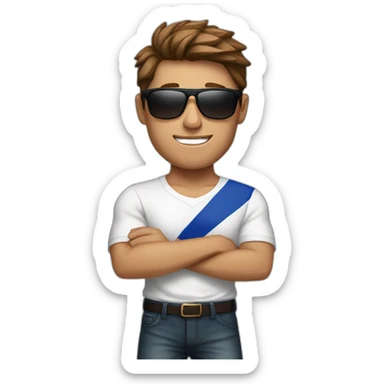 A young fit man with a white shirt and sunglasses on his hair with brown hair and a French flag in his hand sticker