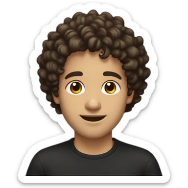 man short curly dark brown hair curls on forehead with brown eyes smiling black shirt light skin sticker