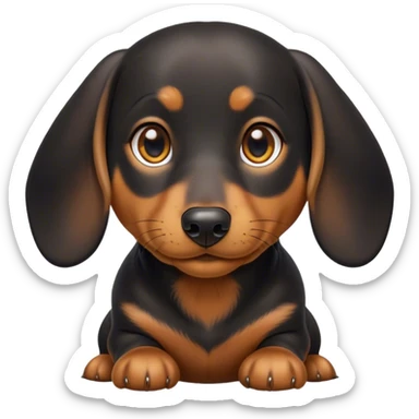 Cinematic Cute black and tan Dachshund Portrait Emoji, Head tilted playfully and inquisitively, featuring a glossy black and tan coat with a sleek sheen, round, sparkling brown eyes filled with curiosity, Simplified yet irresistibly adorable features, highly detailed, glowing with a warm, friendly glow, high shine, affectionate and spirited, stylized with a touch of whimsy, bright and endearing, soft glowing outline, capturing the essence of a mischievous yet loving pup, so playful it feels like it could dash out of the screen and into your arms! sticker
