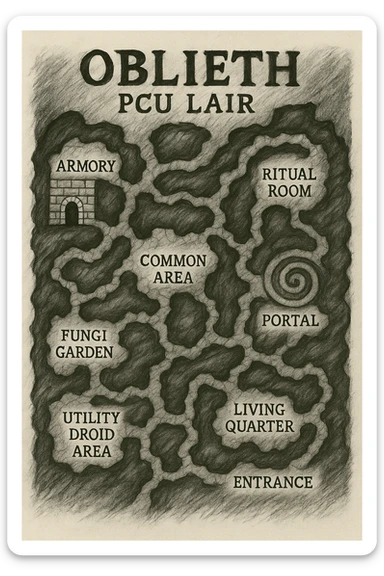 a hand drawn map of how to navigate the Oblieth cave system to find the PCU Lair sticker