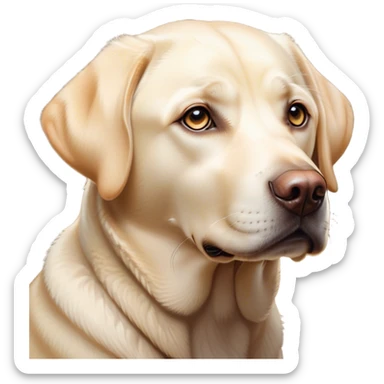 Cinematic Noble Cream Labrador Portrait Emoji, Poised and regal, with a strong, athletic build and a smooth, well-groomed cream Fur, deep-set soulful warm eyes, Simplified yet sharp and sophisticated features, highly detailed, glowing with a soft, dignified glow, high shine, intelligent and gentle, stylized with an air of grace, focused and attentive, soft glowing outline, capturing the essence of a watchful and loving companion, so majestic it feels as though it could bound out of the screen with effortless authority! sticker