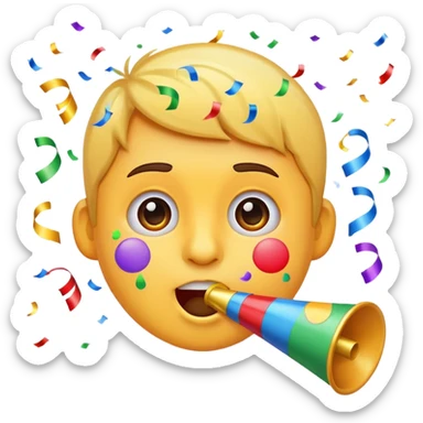 birthday face emoji, blowing a party horn, surrounded by confetti sticker