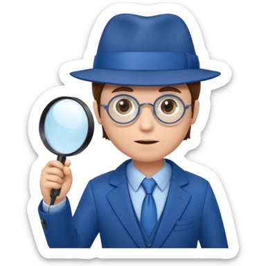 detective in blue suit and blue hat brown hair white skin with big mangifier in his hand looking trough the magifier sticker