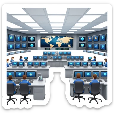 space mission control room with multiple screens and operators at desks sticker