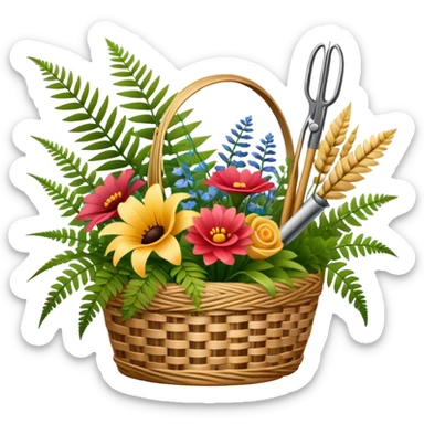 Emoji for Floristry: a bouquet of flowers in a woven basket, with reeds, ferns and floral arranging tools nearby, like scissors and a flower stem. The icon should represent creativity in flower design and arranging. Transparent background. sticker