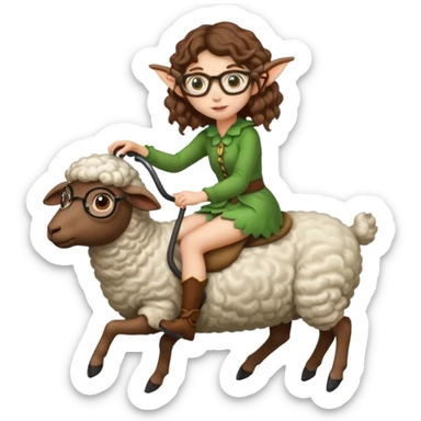 tiny forest elf woman brown wavy hair glasses riding a sheep sticker