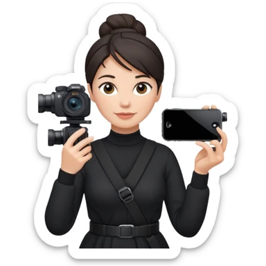 middle aged woman photographer with dark hair in a bun, wearing black clothes, carrying a canon r5 and an iPhone on a gimbal sticker