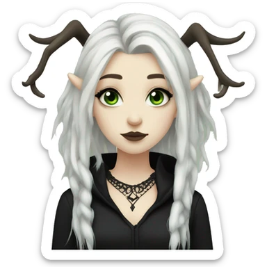 gothic girl, pale skin, green eyes, black dreads, bangs, black clothes, eyeliner, deer antlers  sticker