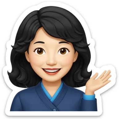 60 yr old asian woman, wavy thick black hair, side part, side swept bang, big smile sticker