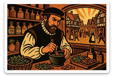 A man working in an apothecary selling a wide range of herbs and medications from the 1600s in a busy town shop from the tudor era. The image should be landscape sticker