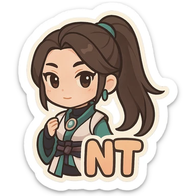 chibi version of Sage from Valorant, with the word 'NT' at the bottom, sticker style sticker