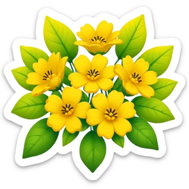 Generate a high-quality image of a bouquet of flowers dominated by yellow blooms, with a mix of green leaves, realistic colors and shading, smooth gradient colors, no human figures, no facial features, no brand markings, simple white background, high-resolution.
 sticker