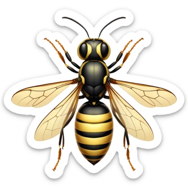 Beautiful and Majestic Wasp Portrait Emoji, Head and body rendered in serene repose with a gentle, confident smile, showcasing a refined, streamlined form with delicately patterned stripes and softly closed, focused eyes, Simplified yet exquisitely endearing features, highly detailed, glowing with a soft, drowsy radiance, high shine, relaxed and utterly noble, stylized with an air of regal insect elegance, soft glowing outline, capturing the essence of a beautiful and majestic wasp that embodies the refined power of nature! sticker